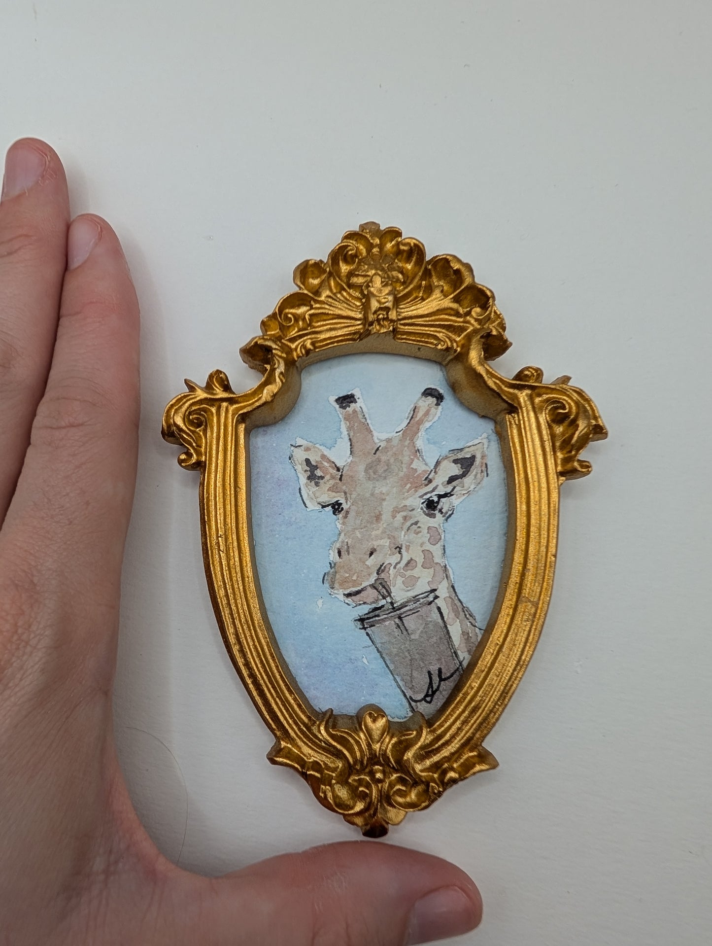 Mini Giraffe with Drink Painting - Original Watercolor Art by Lora Cavallin