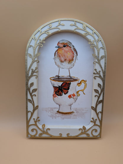 Robin on Teacup - Arched Framed Print