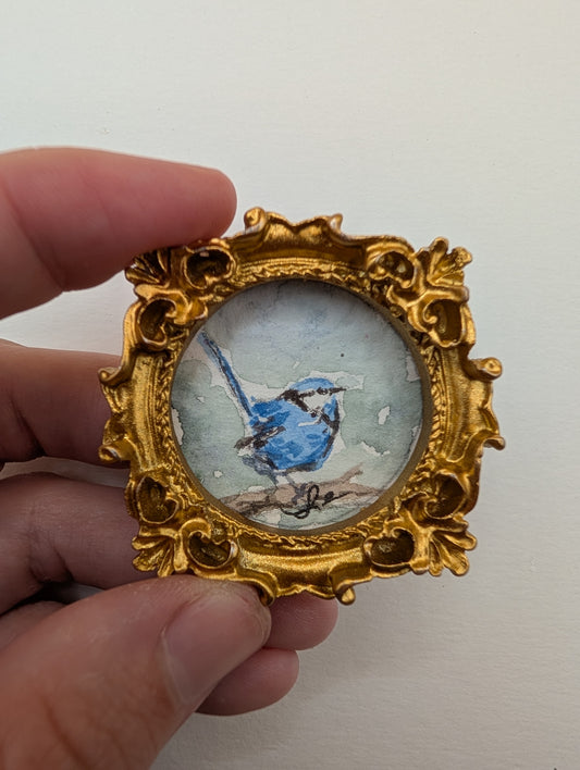 Mini Blue Fairy Wren Painting - Original Watercolor Art by Lora Cavallin