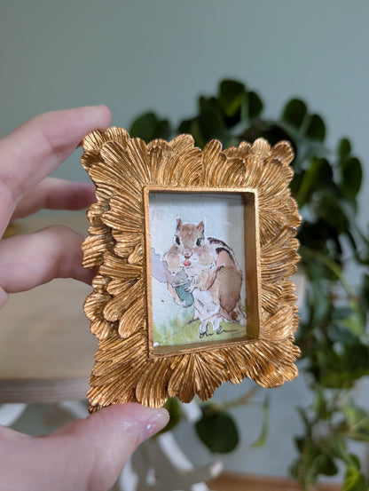Mini Chipmunk with Coffee Painting - Original Watercolor Art by Lora Cavallin