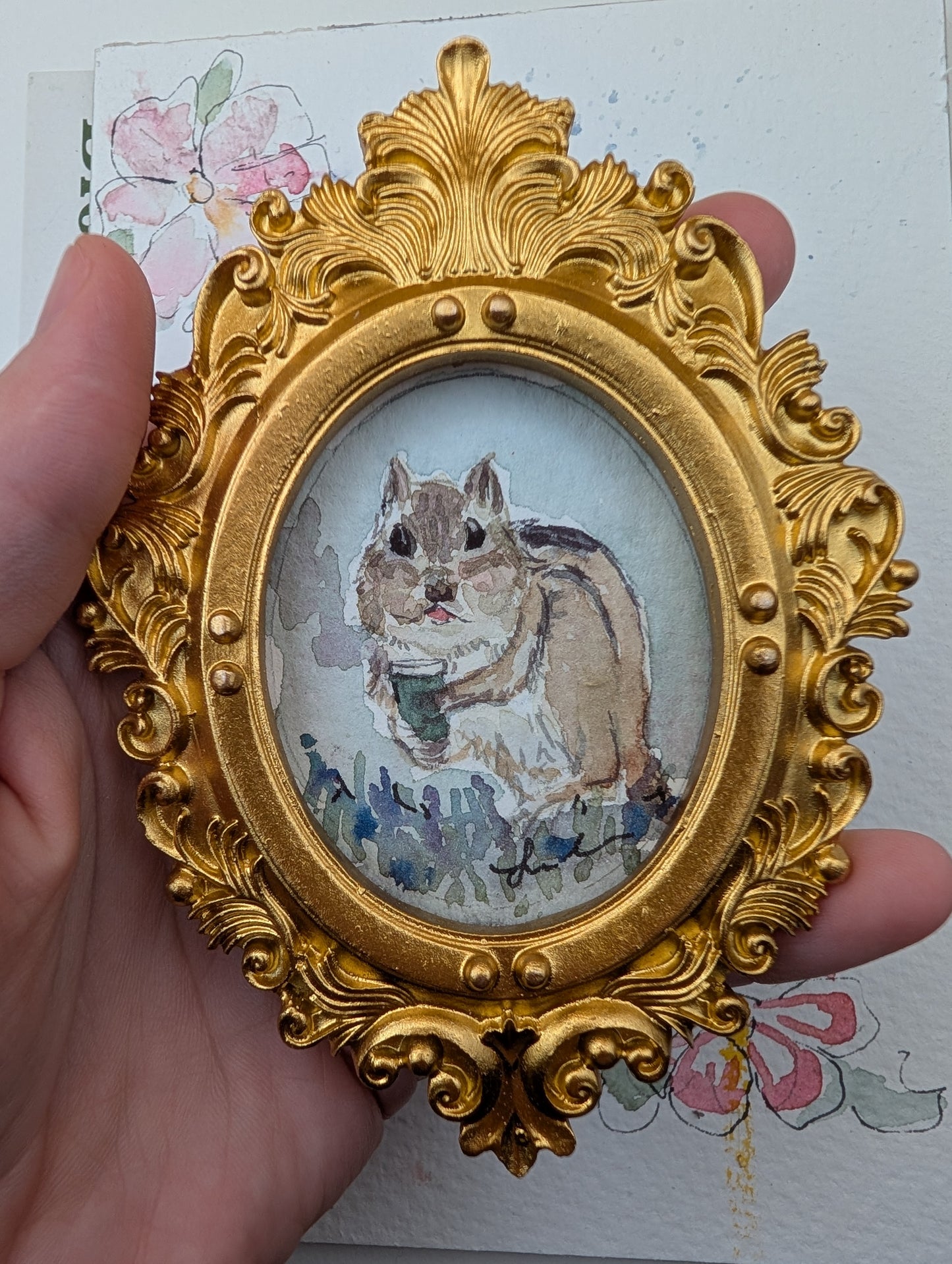Mini Chipmunk with Coffee Painting - Original Watercolor Art by Lora Cavallin