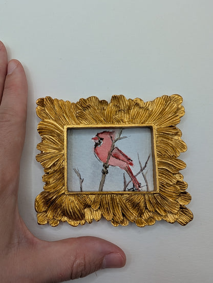 Mini Cardinal Bird Painting - Original Watercolor Art by Lora Cavallin
