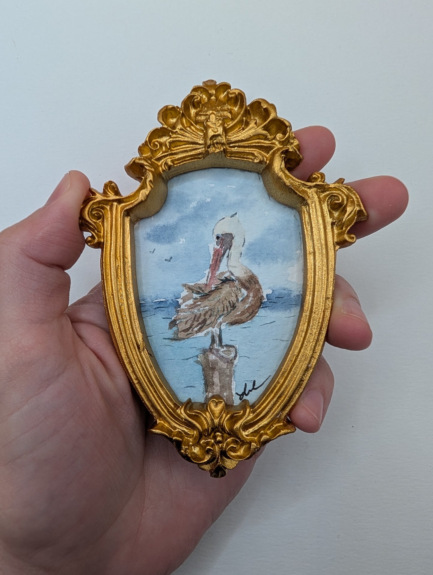 Mini Pelican Painting - Original Watercolor Art by Lora Cavallin