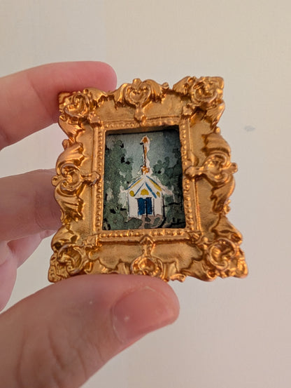 Mini Church at Night Painting - Original Watercolor Art by Lora Cavallin