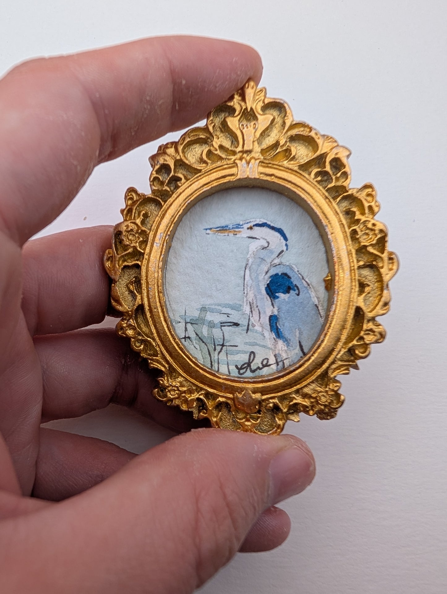 Mini Blue Heron Painting - Original Watercolor Art by Lora Cavallin