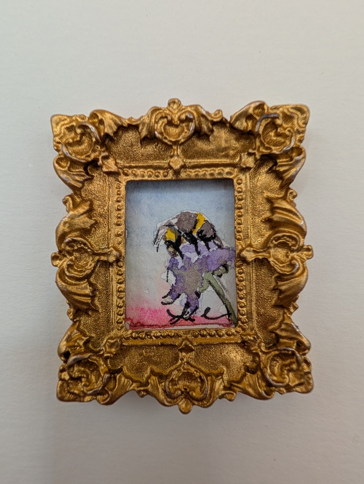 Mini Bee on Flower Painting - Original Watercolor Art by Lora Cavallin