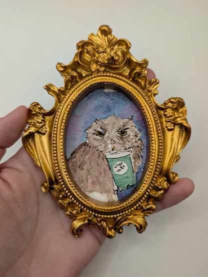 Mini Owl with "Night Shift" Coffee Painting - Original Watercolor Art by Lora Cavallin