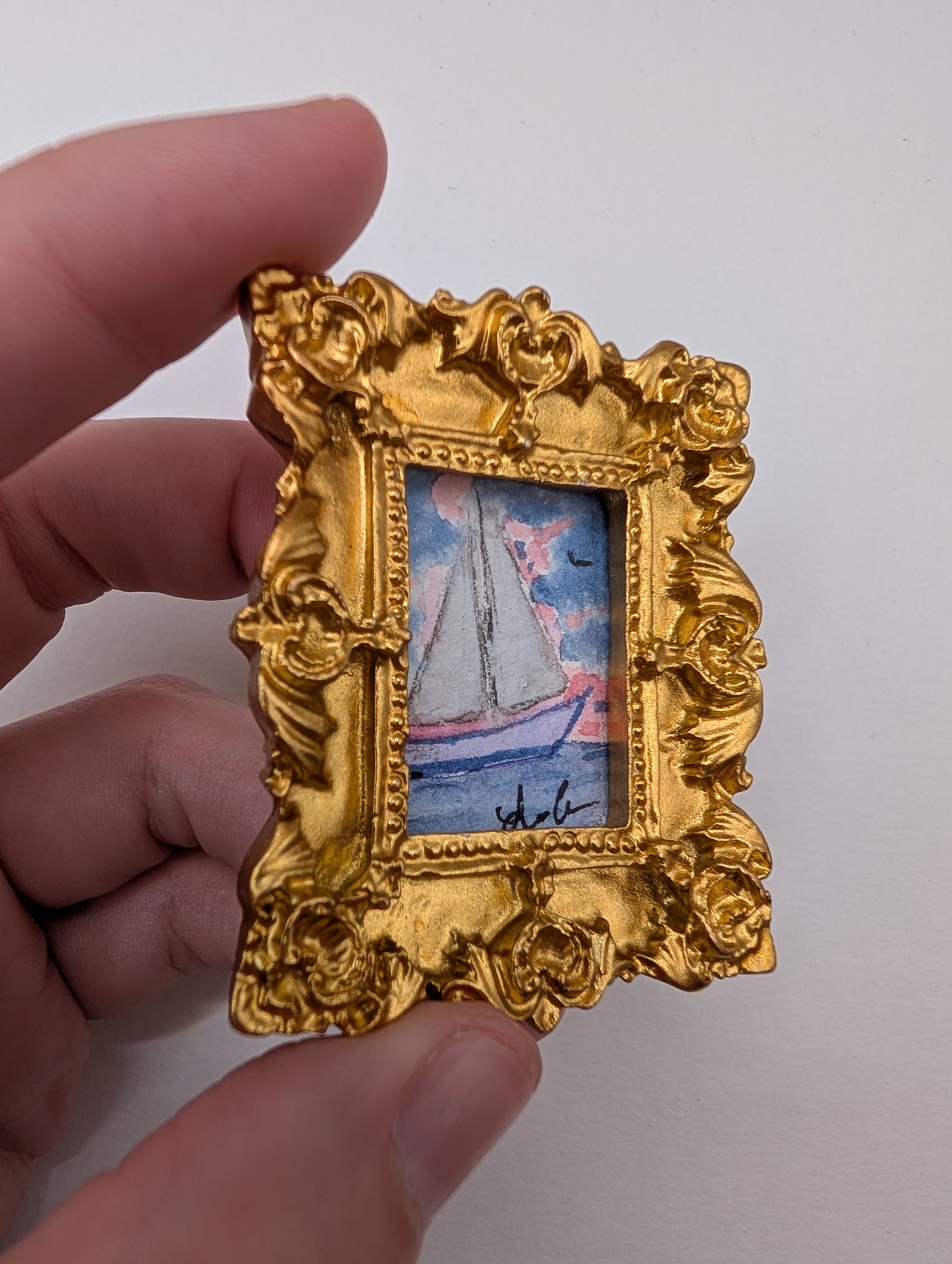 Mini Sailboat at Sunset Painting - Original Watercolor Art by Lora Cavallin