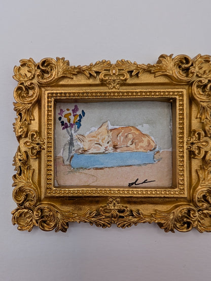 Mini Sleeping Cat Painting - Original Watercolor Art by Lora Cavallin