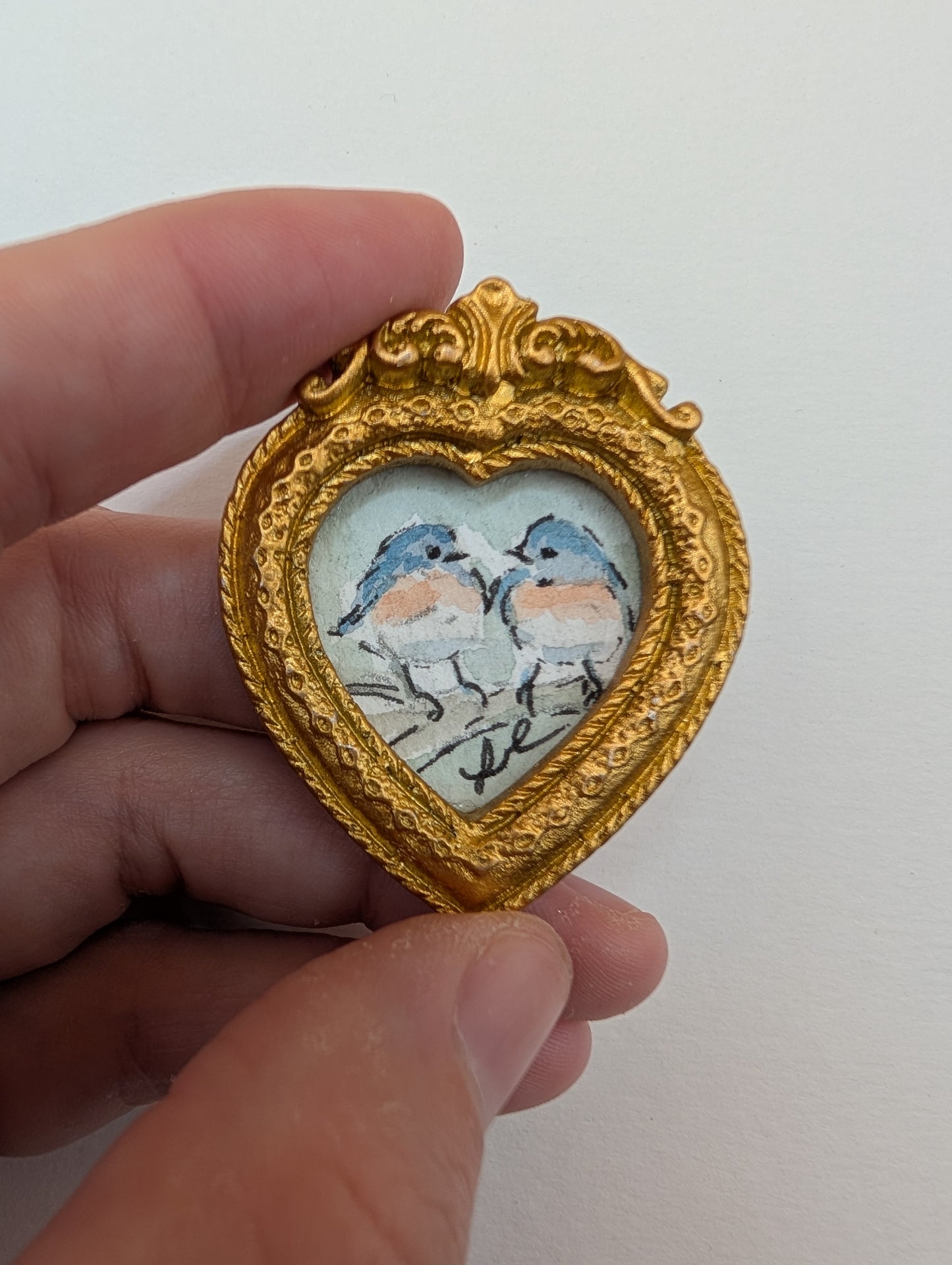 Mini Bluebirds in Love Painting - Original Watercolor Art by Lora Cavallin