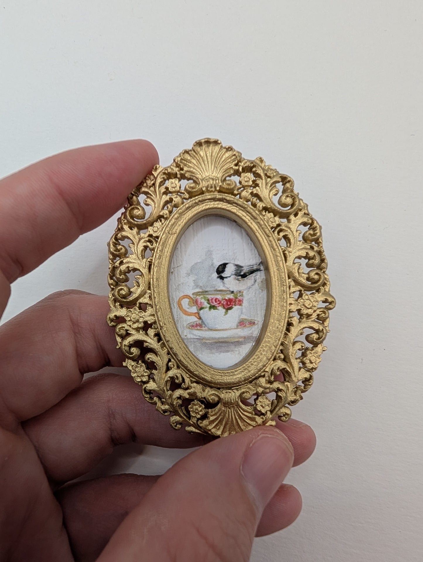 Tiny Chickadee Bird on Teacup Watercolor Art Print - Dollhouse Size - With Gold Frame