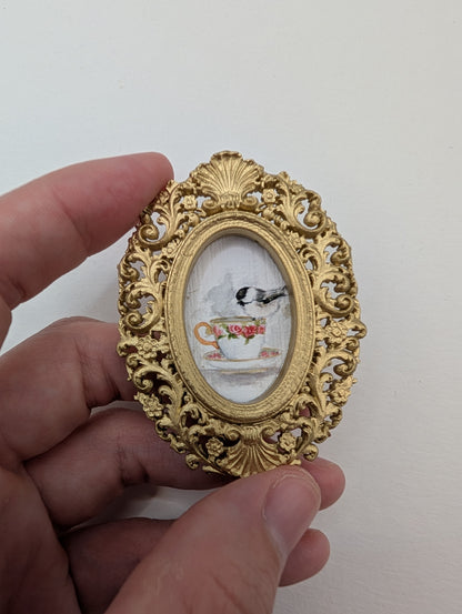 Tiny Chickadee Bird on Teacup Watercolor Art Print - Dollhouse Size - With Gold Frame