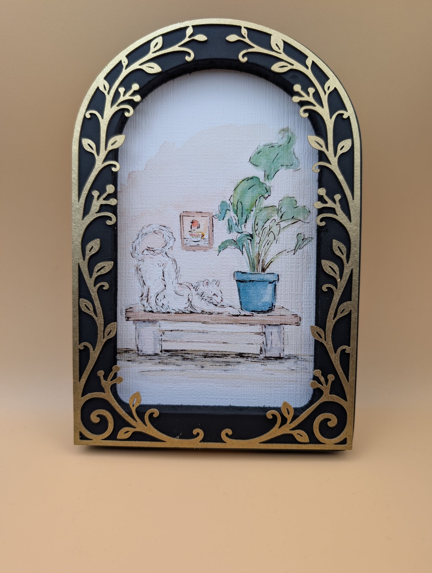Comfy Cat Stretching - Arched Framed Print