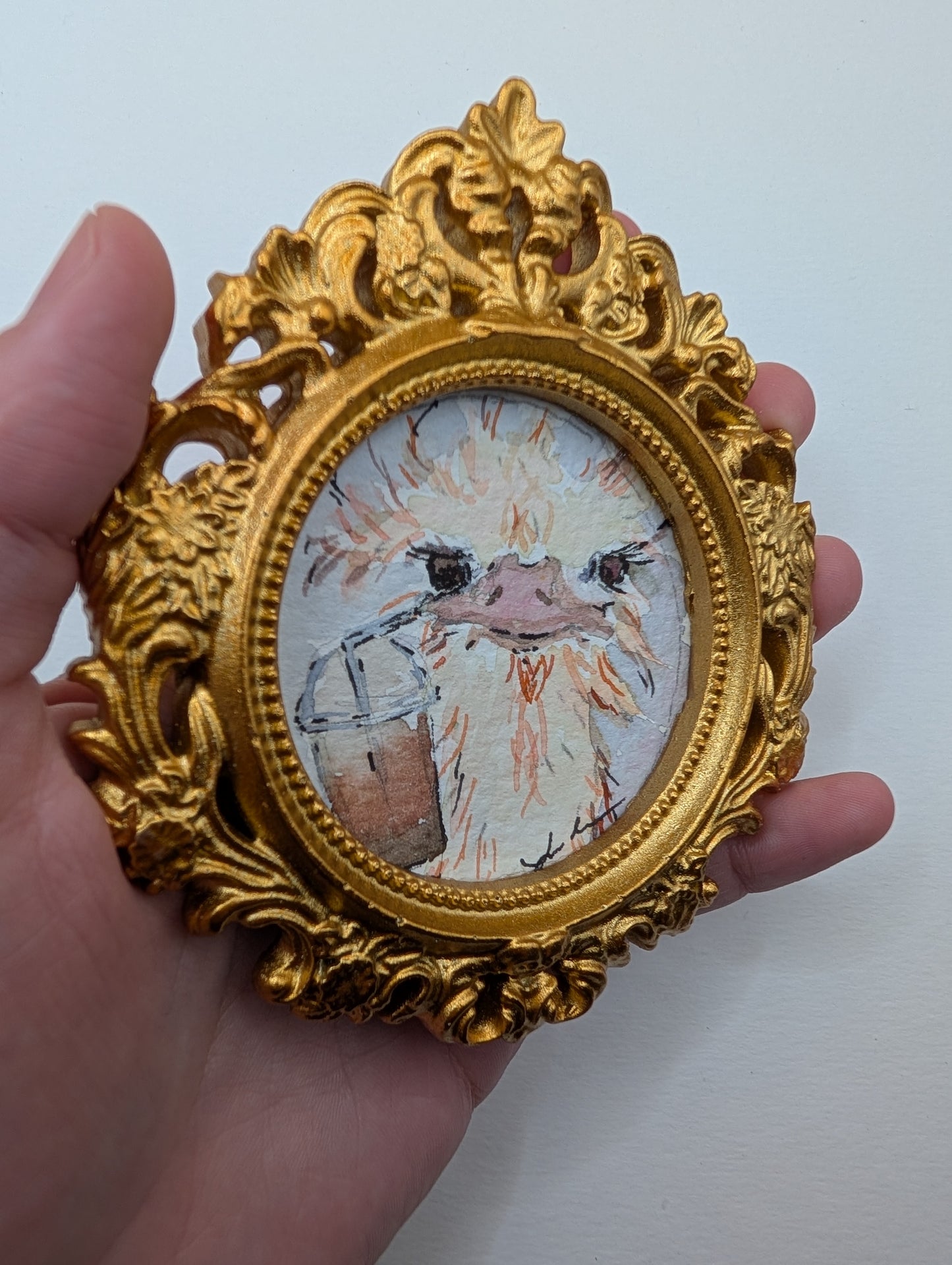 Mini Ostrich with Frozen Coffee Painting - Original Watercolor Art by Lora Cavallin