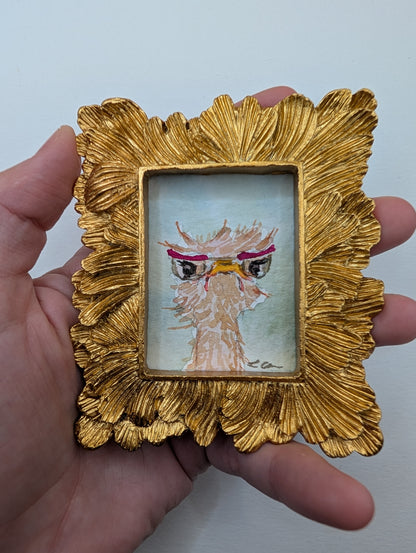 Mini Grumpy Ostrich with Glasses Painting - Original Watercolor Art by Lora Cavallin