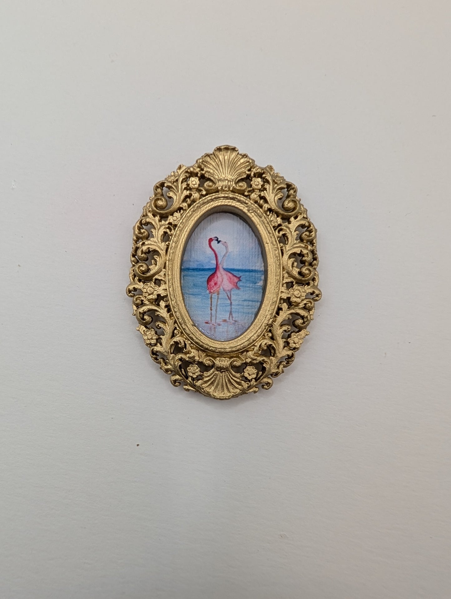 Tiny Flamingos in Love Watercolor Art Print - Dollhouse Size - With Gold Frame