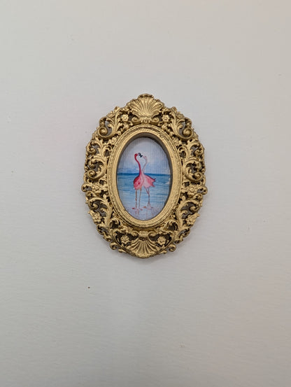 Tiny Flamingos in Love Watercolor Art Print - Dollhouse Size - With Gold Frame