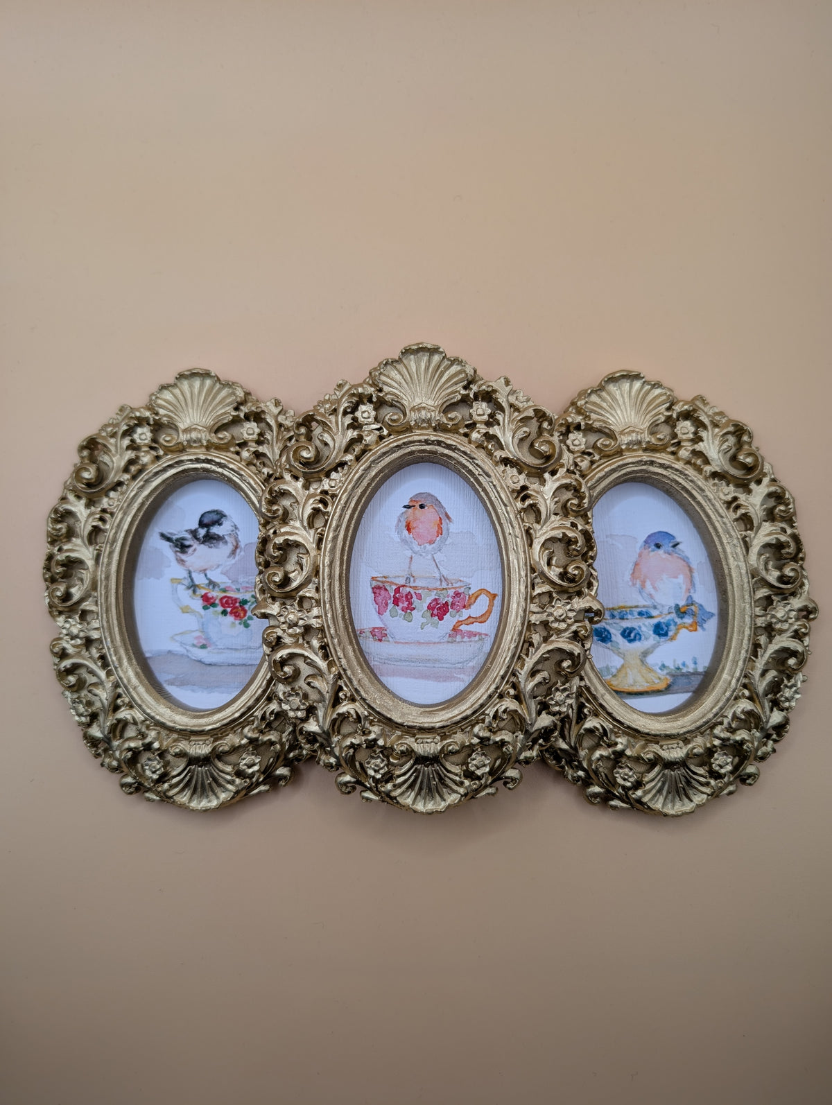 Small Birds on Teacups Art Print Set of Three - With Gold Frames - Watercolor Design