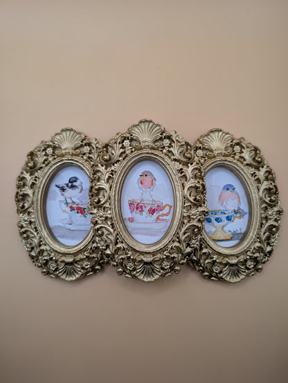 Small Birds on Teacups Art Print Set of Three - With Gold Frames - Watercolor Design