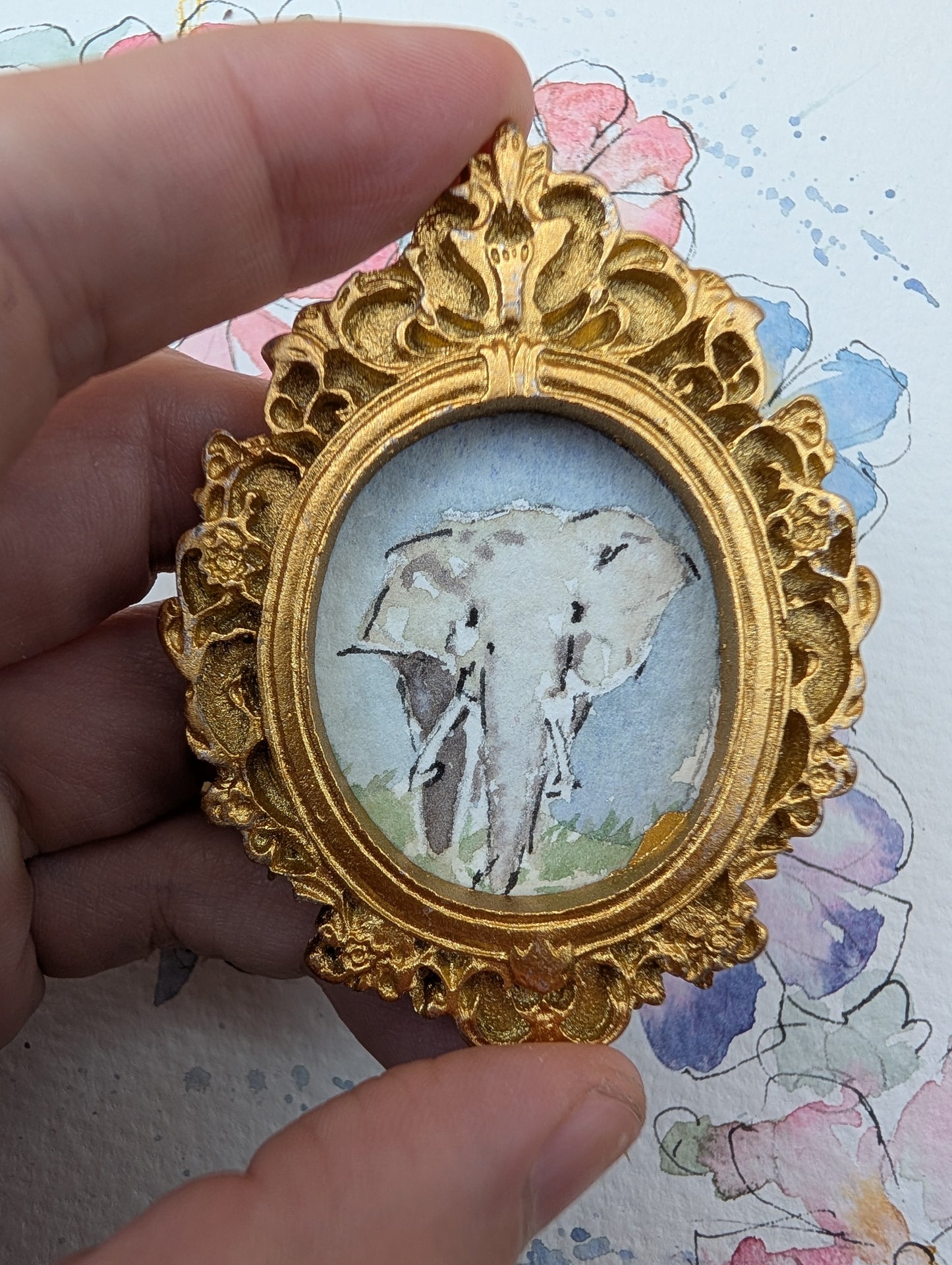Mini Elephant Painting - Original Watercolor Art by Lora Cavallin