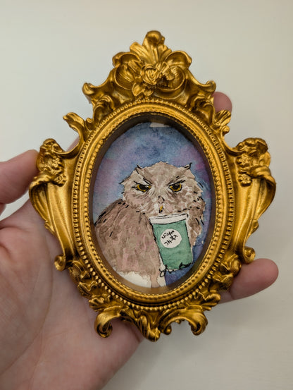 Mini Owl with "Night Shift" Coffee Painting - Original Watercolor Art by Lora Cavallin