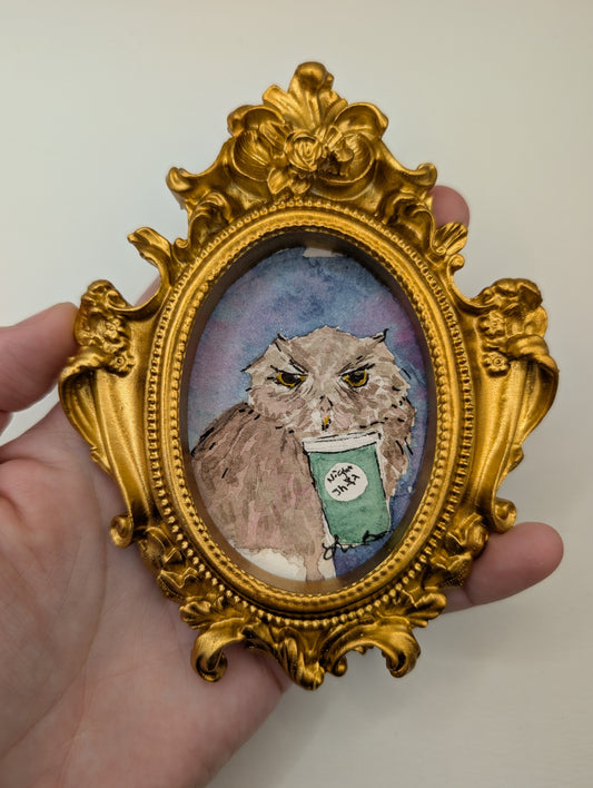 Mini Owl with "Night Shift" Coffee Painting - Original Watercolor Art by Lora Cavallin