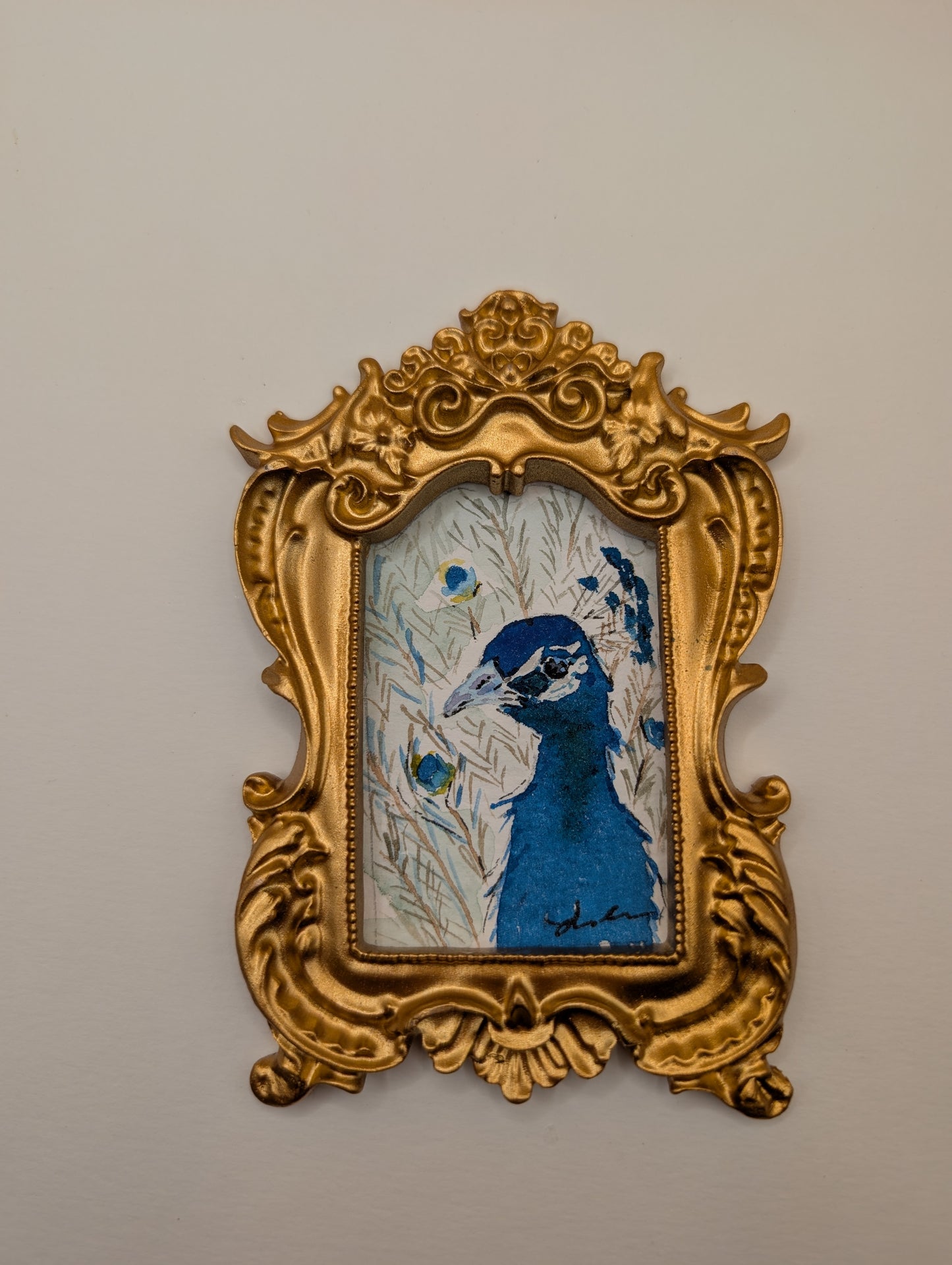 Mini Peacock Painting - Original Watercolor Art by Lora Cavallin