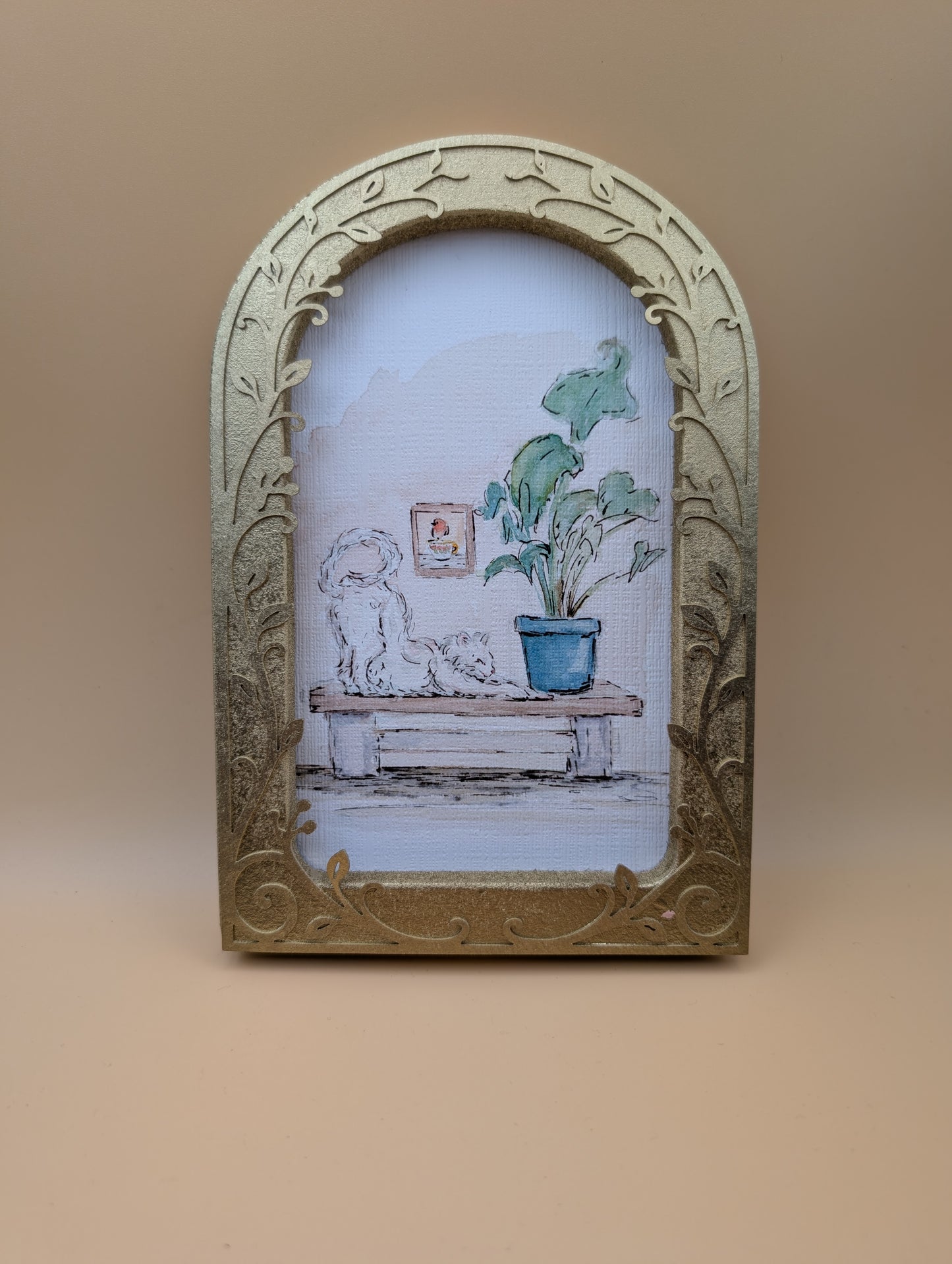 Comfy Cat Stretching - Arched Framed Print