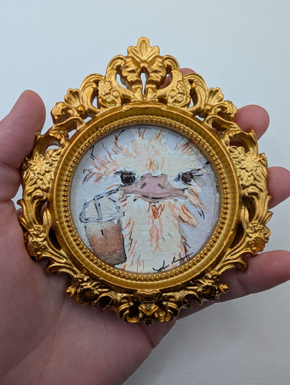 Mini Ostrich with Frozen Coffee Painting - Original Watercolor Art by Lora Cavallin