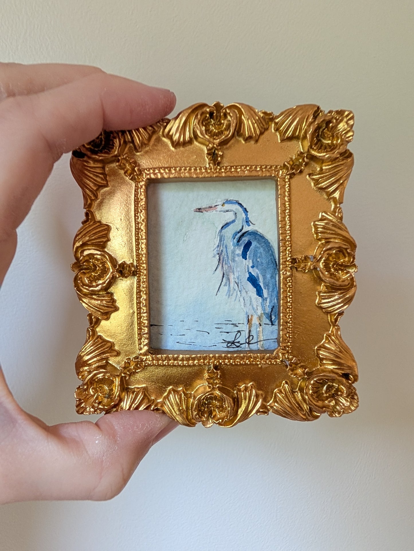 Mini Blue Heron Painting - Original Watercolor Art by Lora Cavallin