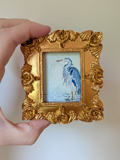 Mini Blue Heron Painting - Original Watercolor Art by Lora Cavallin