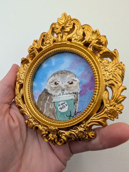 Mini Owl with "Night Shift" Coffee Painting - Original Watercolor Art by Lora Cavallin