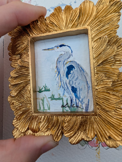 Mini Blue Heron Painting - Original Watercolor Art by Lora Cavallin