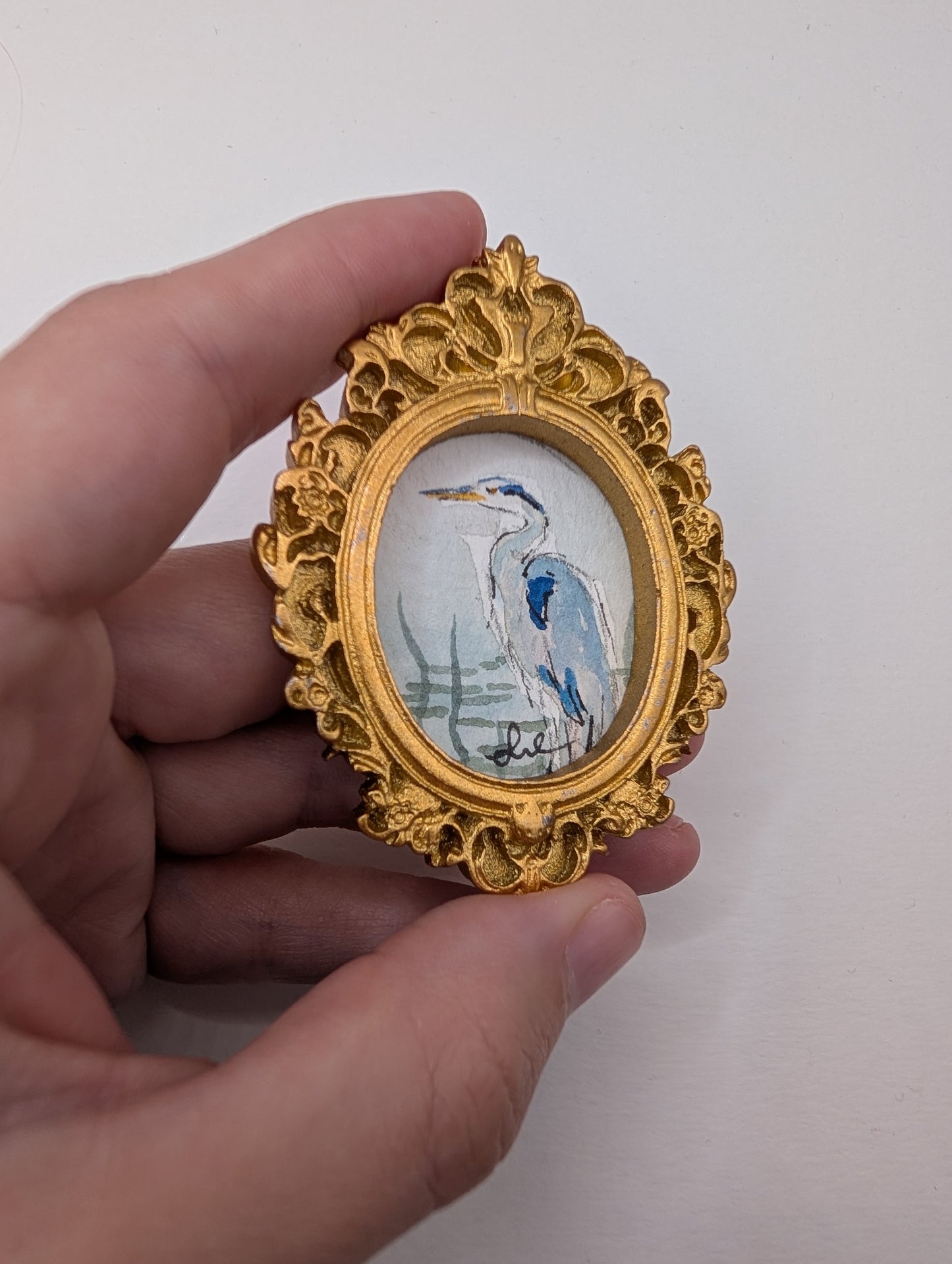 Mini Blue Heron Painting - Original Watercolor Art by Lora Cavallin