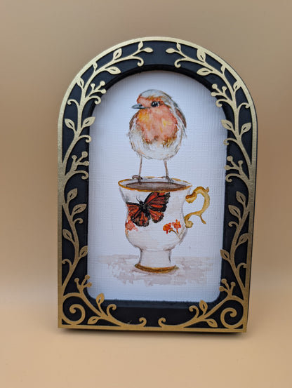 Robin on Teacup - Arched Framed Print