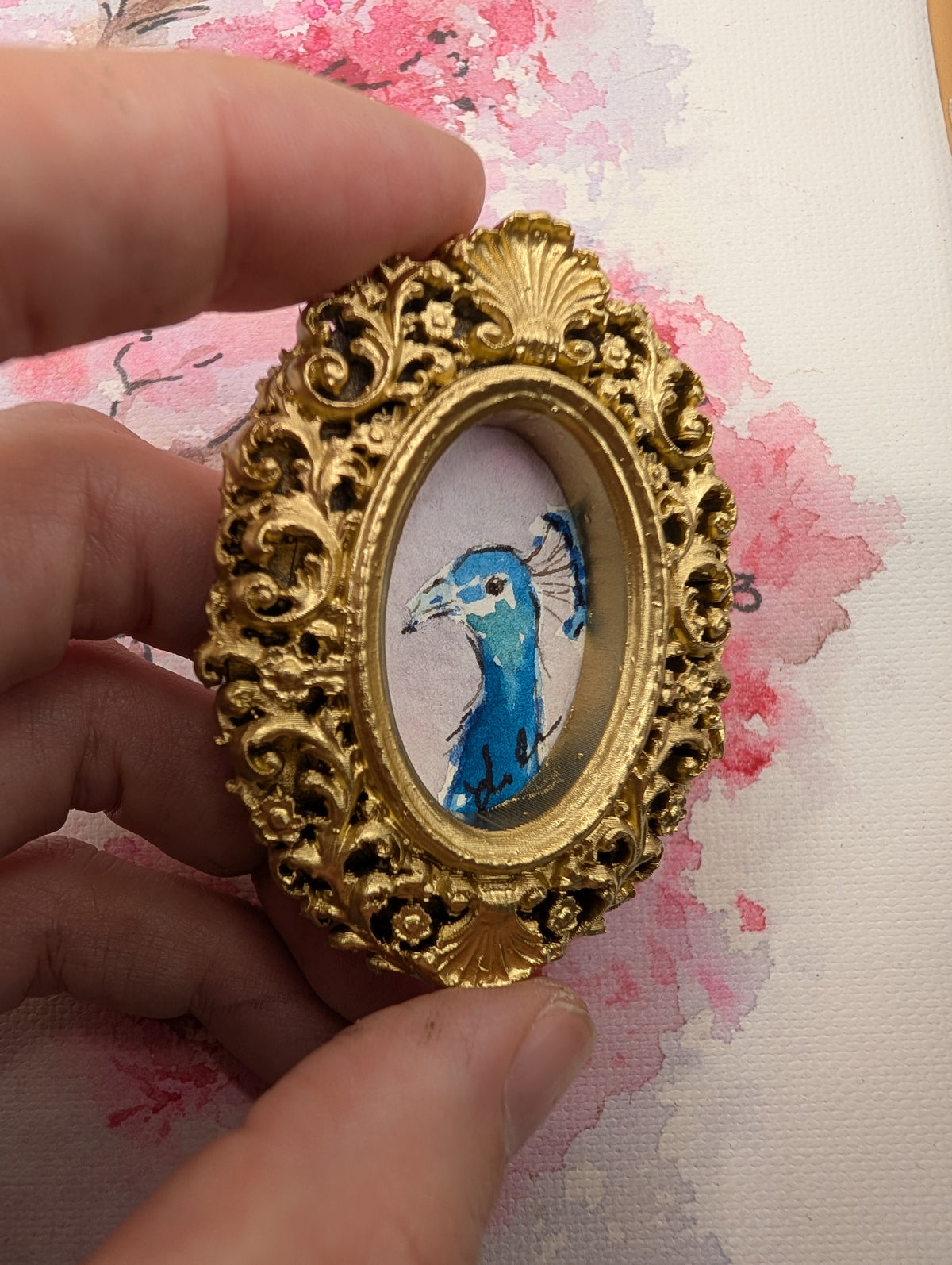 Mini Peacock Painting - Original Watercolor Art by Lora Cavallin
