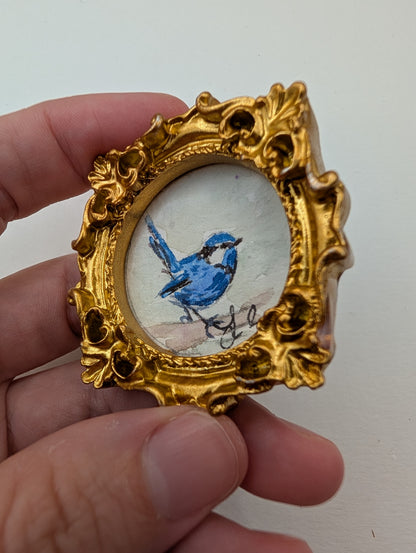 Mini Blue Fairy Wren Bird Painting - Original Watercolor Art by Lora Cavallin