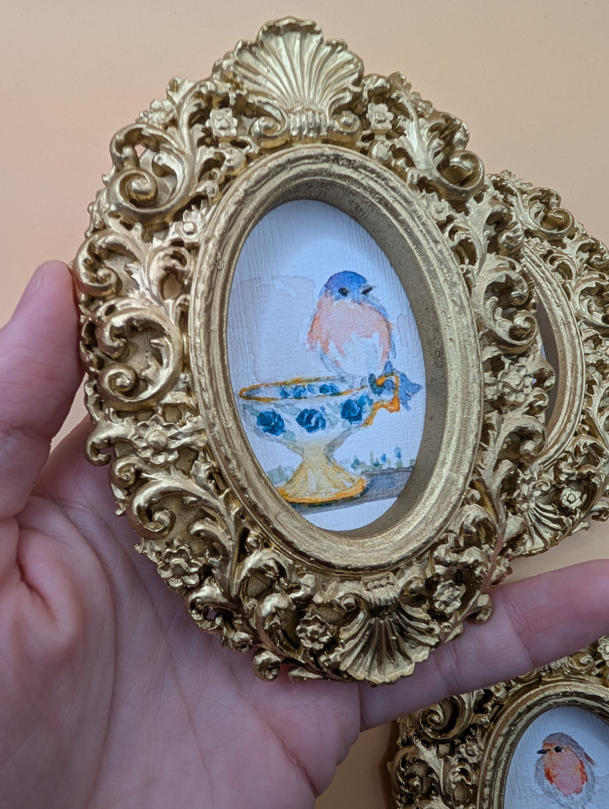 Small Birds on Teacups Art Print Set of Three - With Gold Frames - Watercolor Design