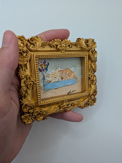 Mini Sleeping Cat Painting - Original Watercolor Art by Lora Cavallin