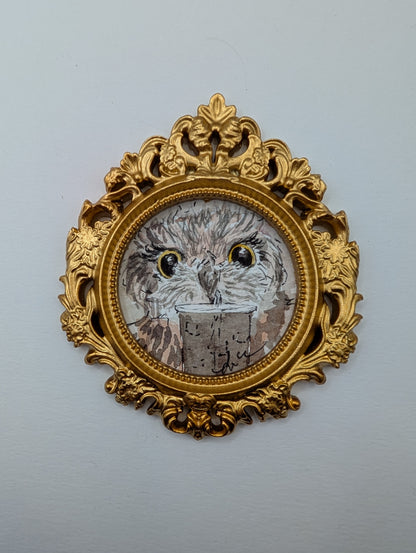 Mini Owl with Iced Drink Painting - Original Watercolor Art by Lora Cavallin