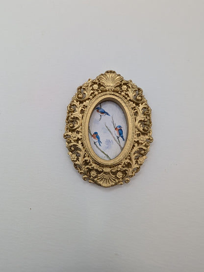 Tiny Bluebirds in Tree Watercolor Art Print - Dollhouse Size - With Gold Frame