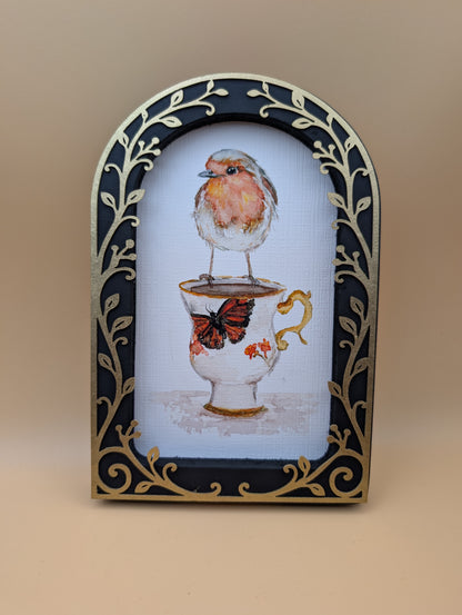 Robin on Teacup - Arched Framed Print