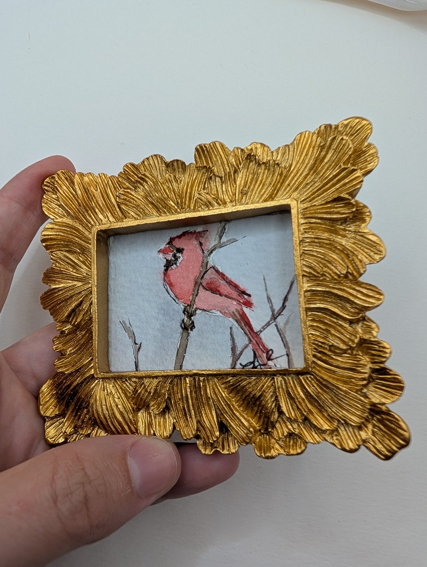 Mini Cardinal Bird Painting - Original Watercolor Art by Lora Cavallin