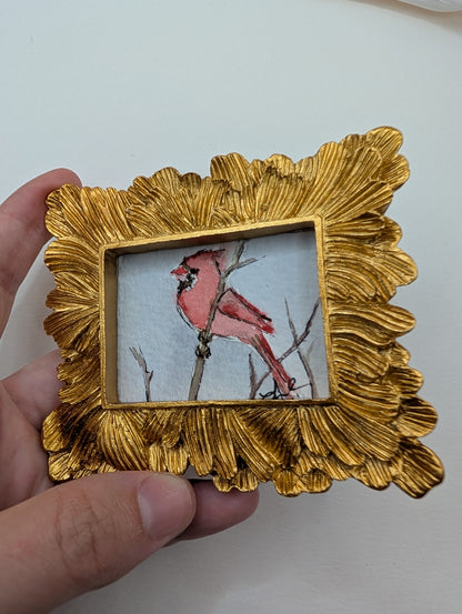 Mini Cardinal Bird Painting - Original Watercolor Art by Lora Cavallin