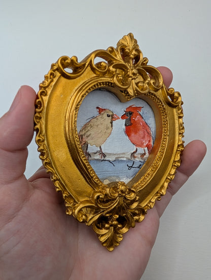 Mini Male and Female Cardinal Birds Painting - Original Watercolor Art by Lora Cavallin