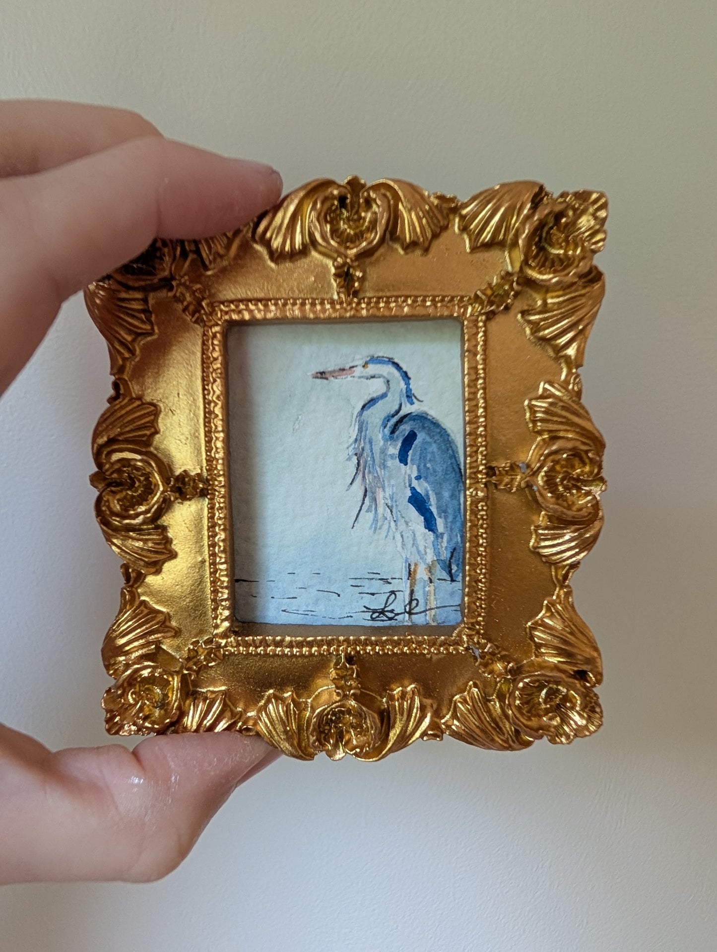 Mini Blue Heron Painting - Original Watercolor Art by Lora Cavallin