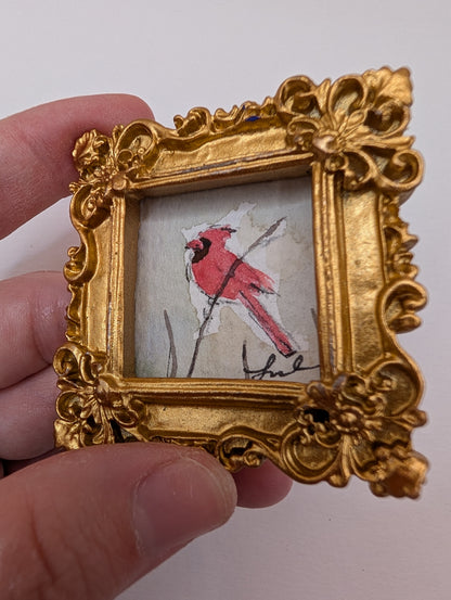 Mini Cardinal Bird Painting - Original Watercolor Art by Lora Cavallin
