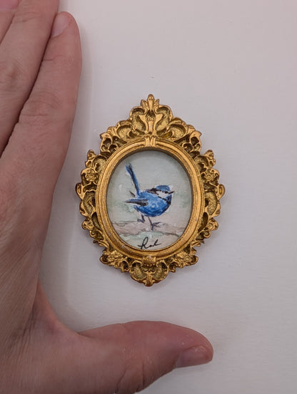 Mini Blue Fairy Wren Bird Painting - Original Watercolor Art by Lora Cavallin