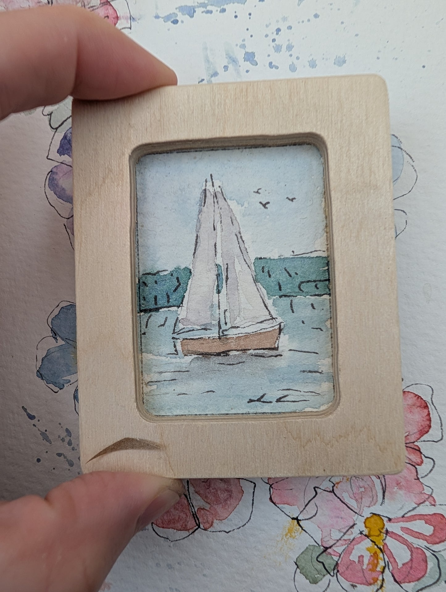 Mini Sailboat Painting - Original Watercolor Art by Lora Cavallin