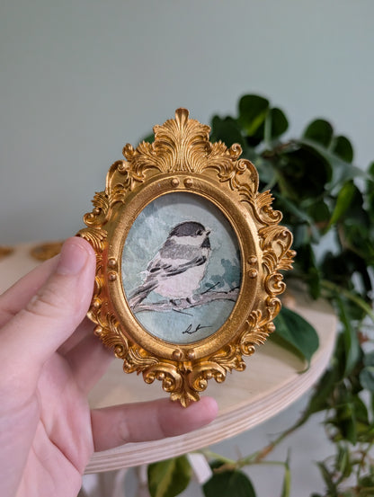 Mini Chickadee Bird Painting - Original Watercolor Art by Lora Cavallin
